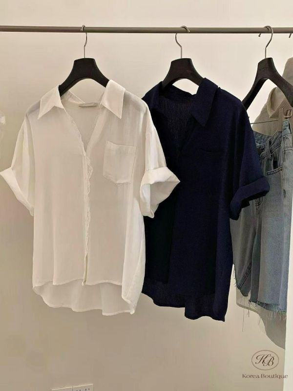 SS438 春季 蕾絲質感邊短袖襯衫 