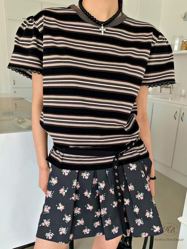 SS218 春季 袖口有花邊的條紋上衣 