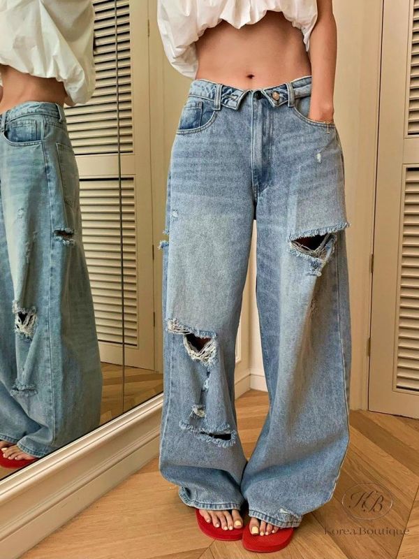 SS395 春季 褲頭設計破損牛仔褲 