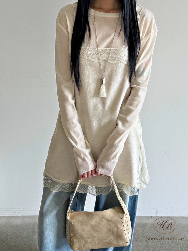 FWKR79 冬季 絲絨感蕾絲長上衣 