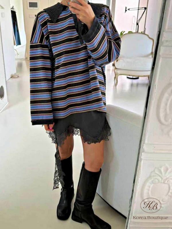 Fw427 冬季 針織領口條紋衫 