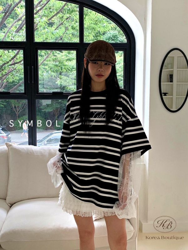 Fw288 秋季 蕾絲袖假兩件tee 