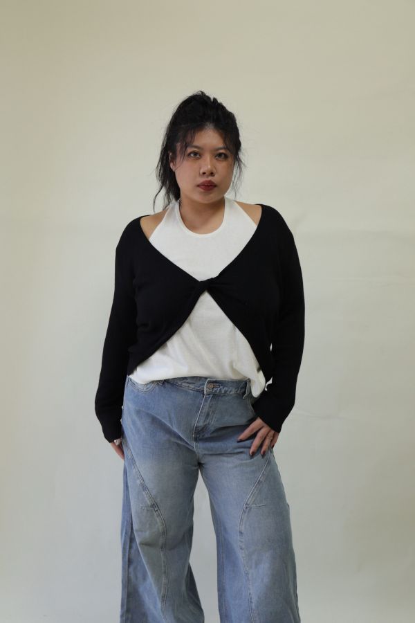 【EASE】掛脖假兩件針織上衣 (黑) 