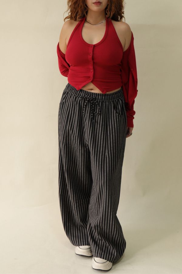 【EASE】藏肉系不鬆垮條紋寬褲(黑) 