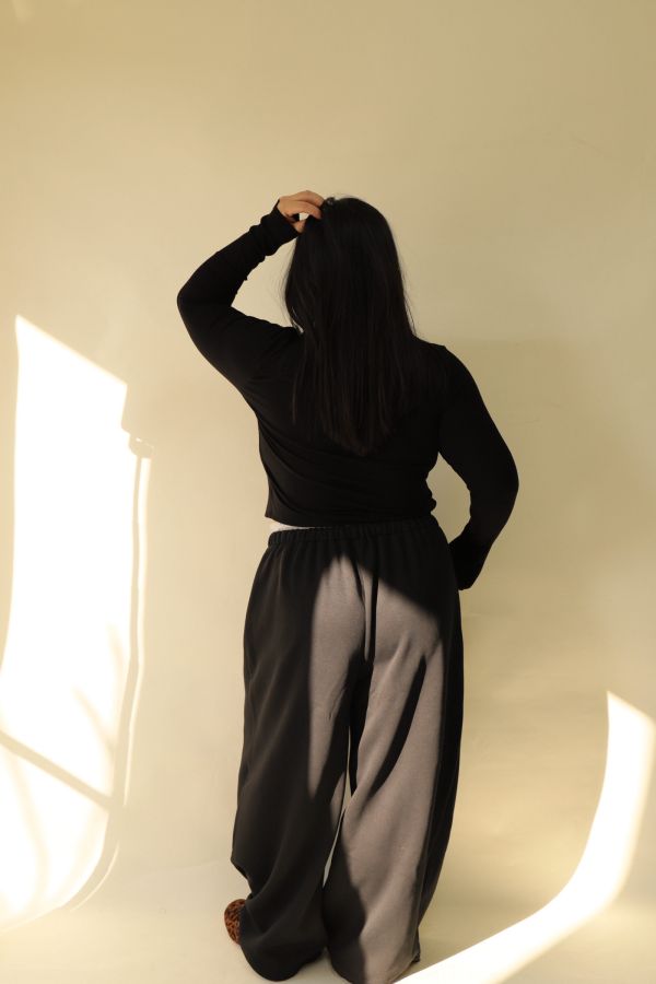 【EASE】設計感雙層抽繩棉褲 (黑) 