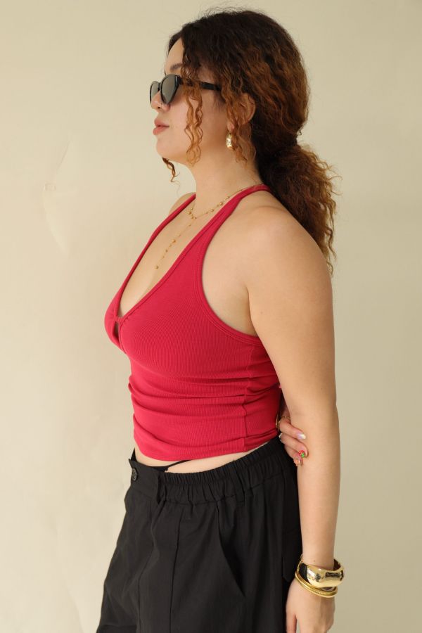 大鏤空掛脖彈力背心(紅) 