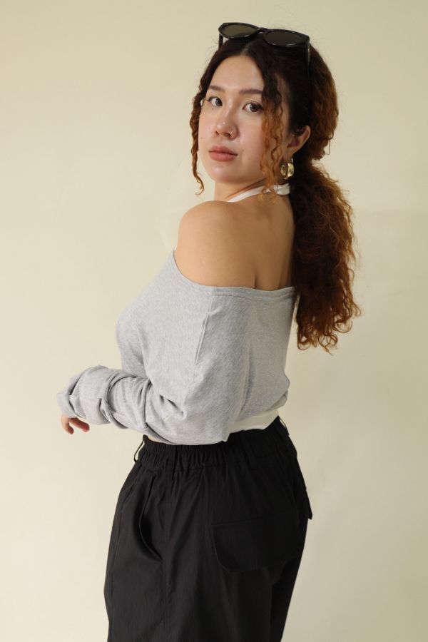 假兩件掛脖舒適上衣(灰) 