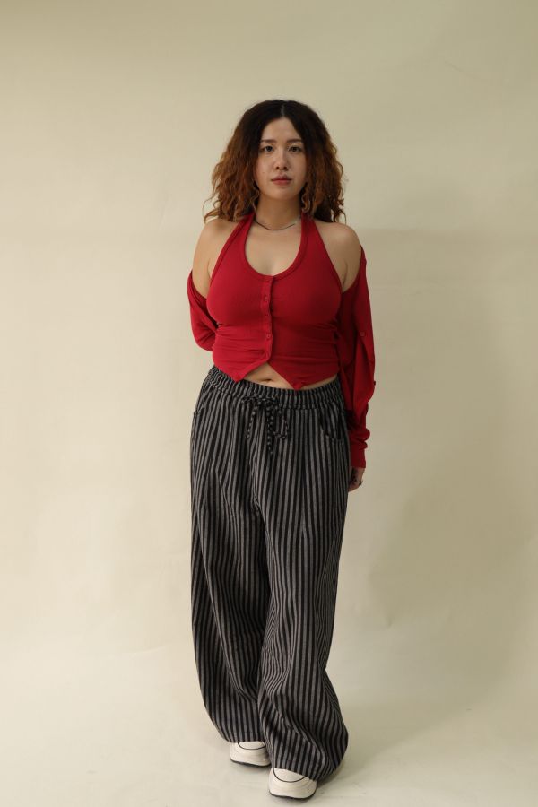 【EASE】藏肉系不鬆垮條紋寬褲(黑) 