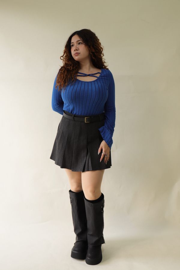 不顯胖毛呢百摺短裙(附皮帶)-灰 