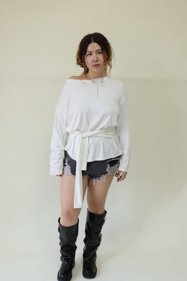 舒服穿假兩件綁帶上衣(白) 