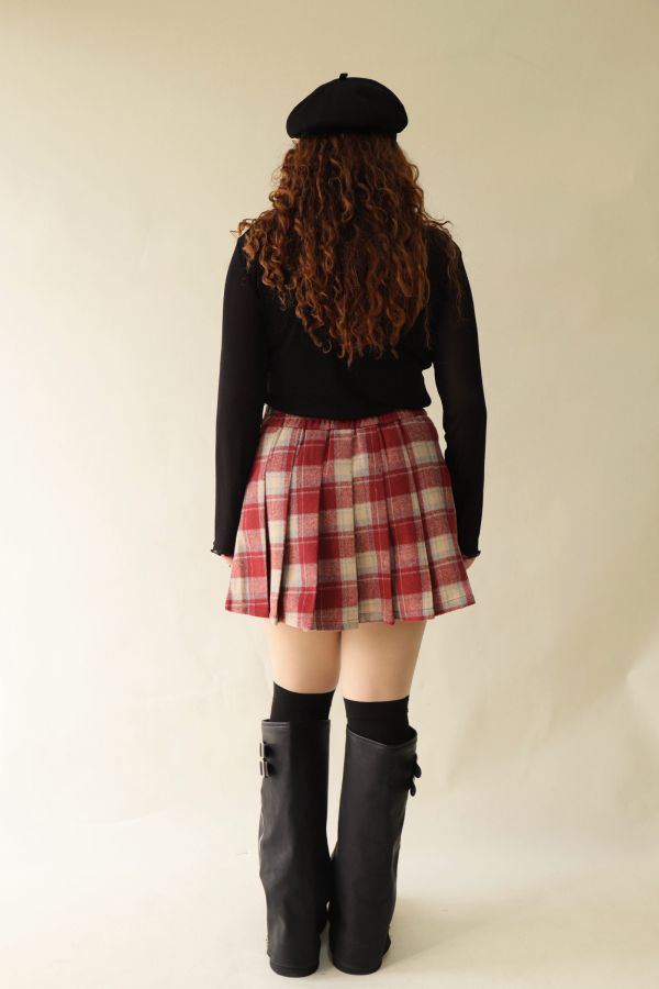 格紋百摺短裙-紅格 