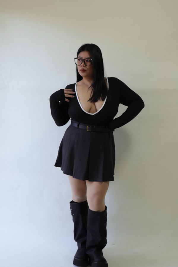 不顯胖毛呢百摺短裙(附皮帶)-灰 