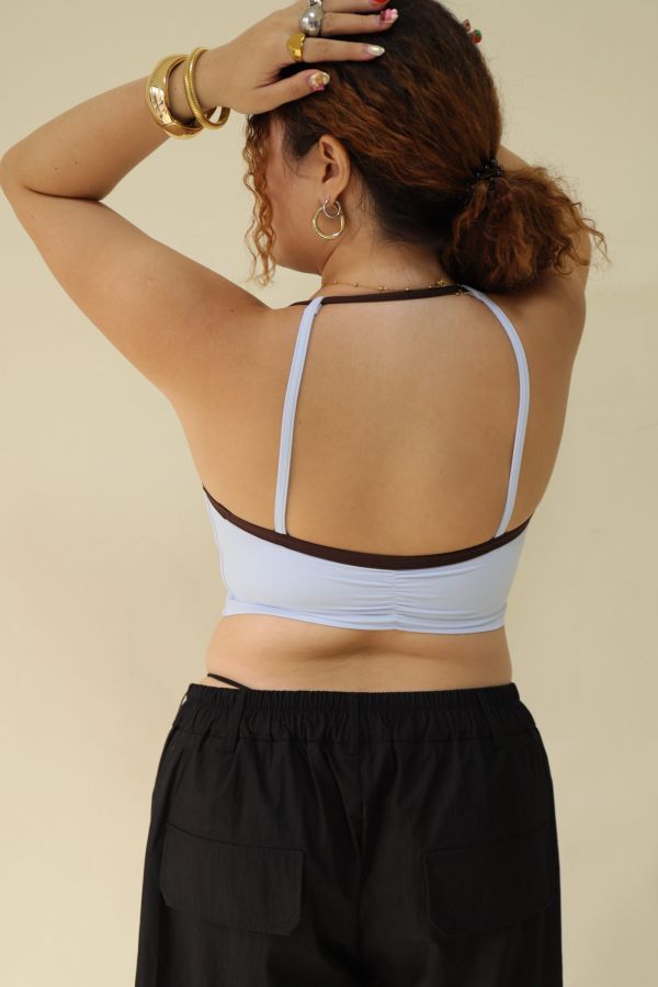 雙色拼接削肩運動內衣-藍 