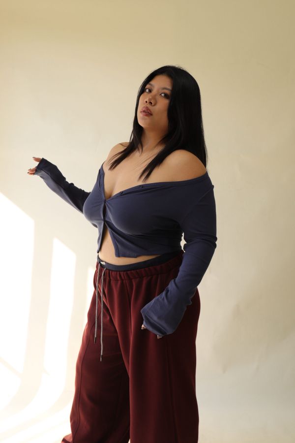 V領羅紋開釦上衣(藍) 