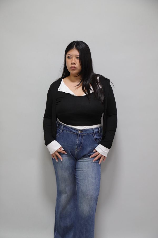 拼接撞色假兩件上衣-黑 