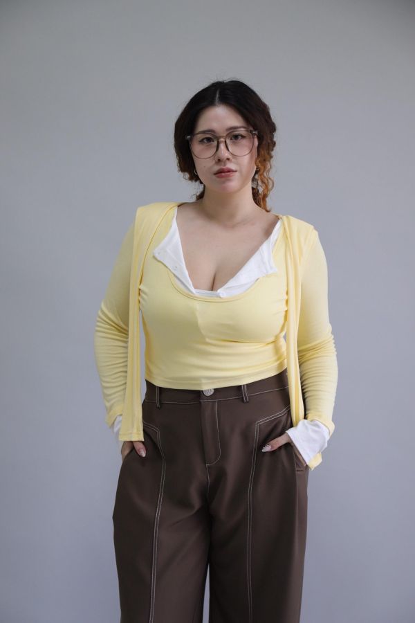 拼接撞色假兩件上衣-奶油黃 