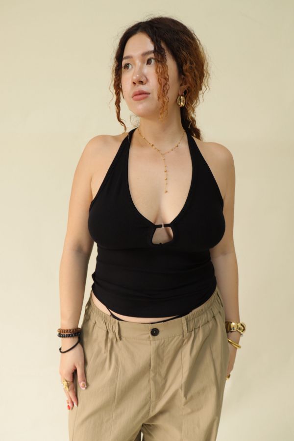 大鏤空掛脖彈力背心(黑) 