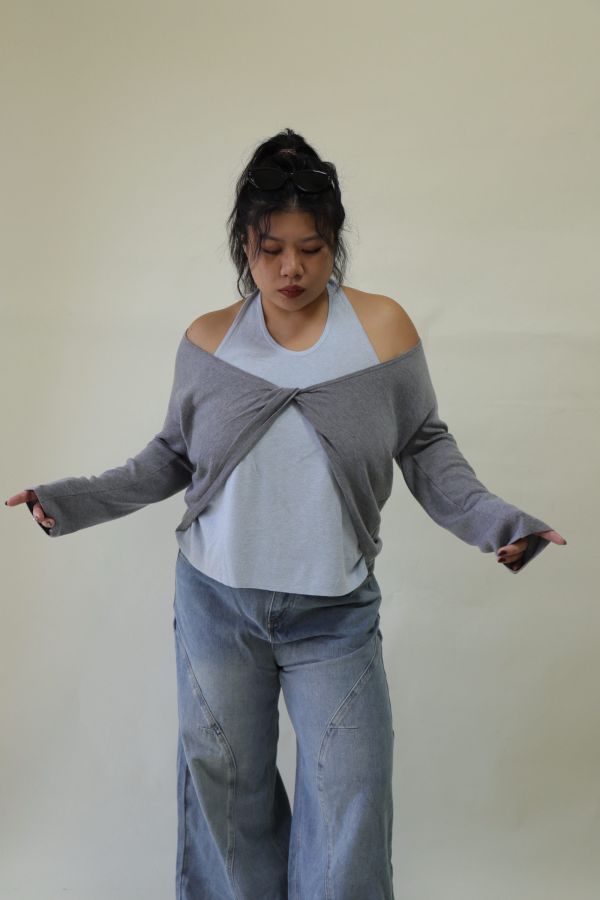 【EASE】掛脖假兩件針織上衣 (灰) 