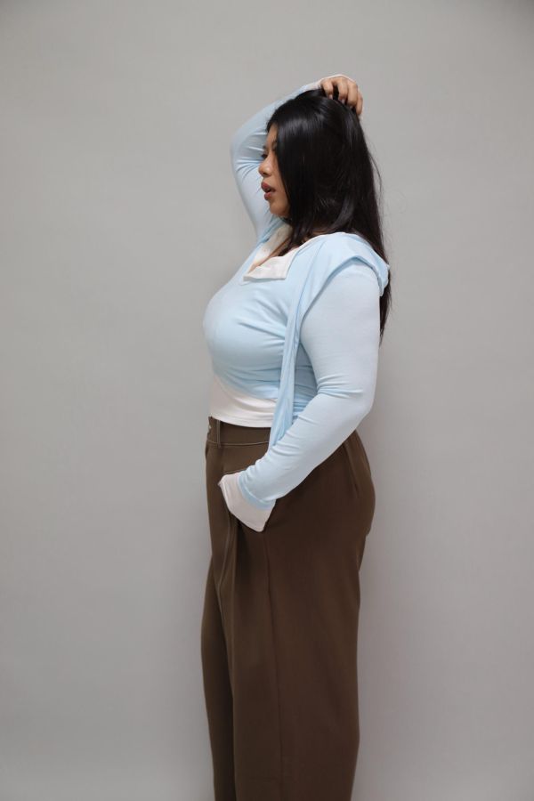 拼接撞色假兩件上衣-寶寶藍 