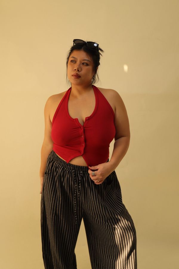 掛脖收腰排釦背心(紅) 