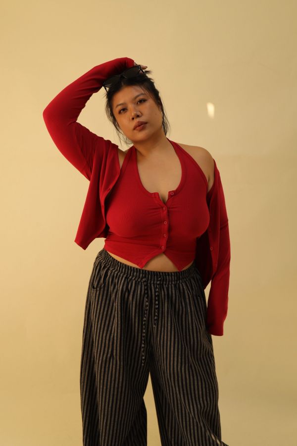 掛脖收腰排釦背心(紅) 