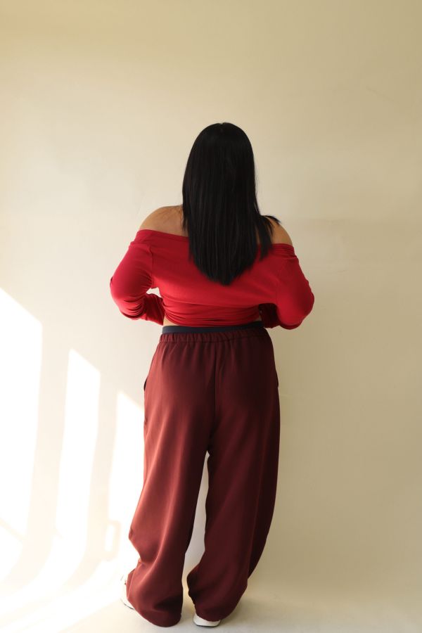 【EASE】設計感雙層抽繩棉褲 (酒紅) 