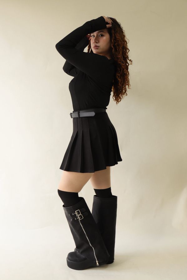 不顯胖毛呢百摺短裙(附皮帶)-黑 