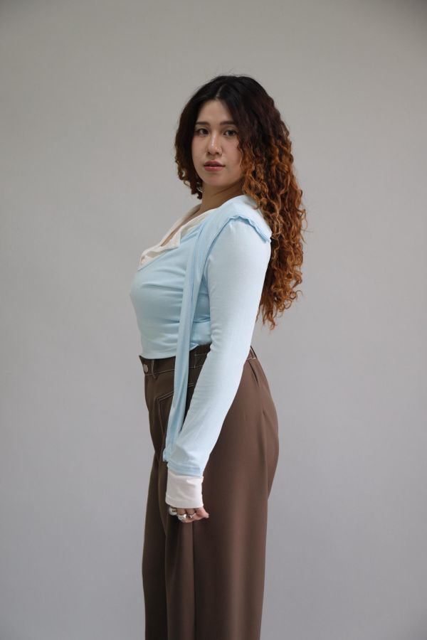 拼接撞色假兩件上衣-寶寶藍 