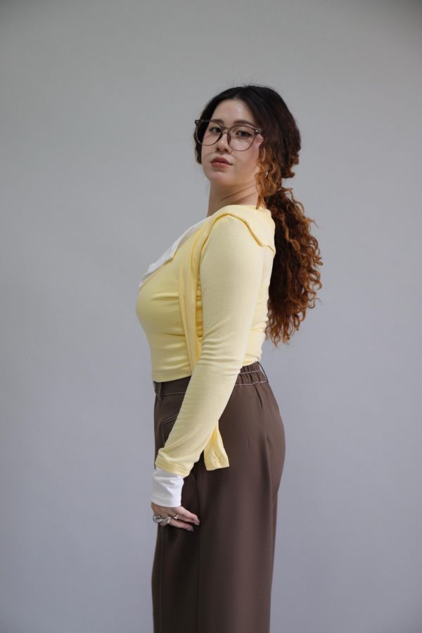 拼接撞色假兩件上衣-奶油黃 