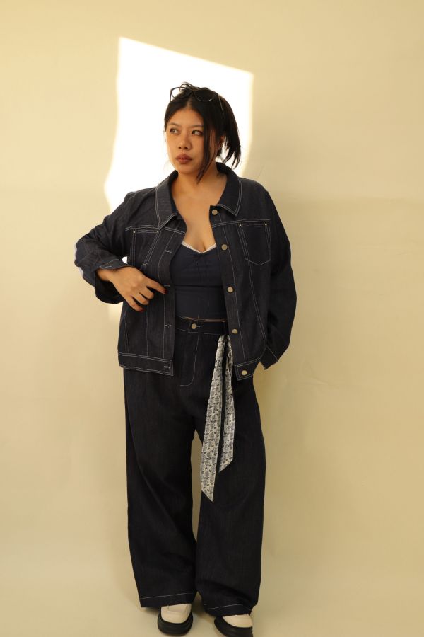 【EASE】精緻天絲單寧套裝(附絲巾) 