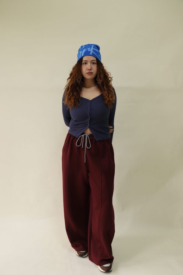 【EASE】設計感雙層抽繩棉褲 (酒紅) 