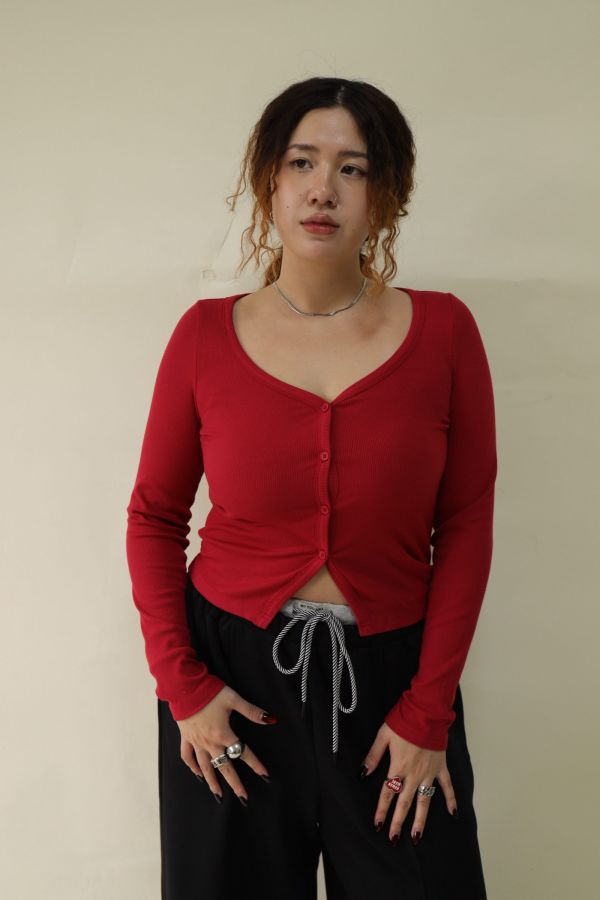 V領羅紋開釦上衣(紅) 