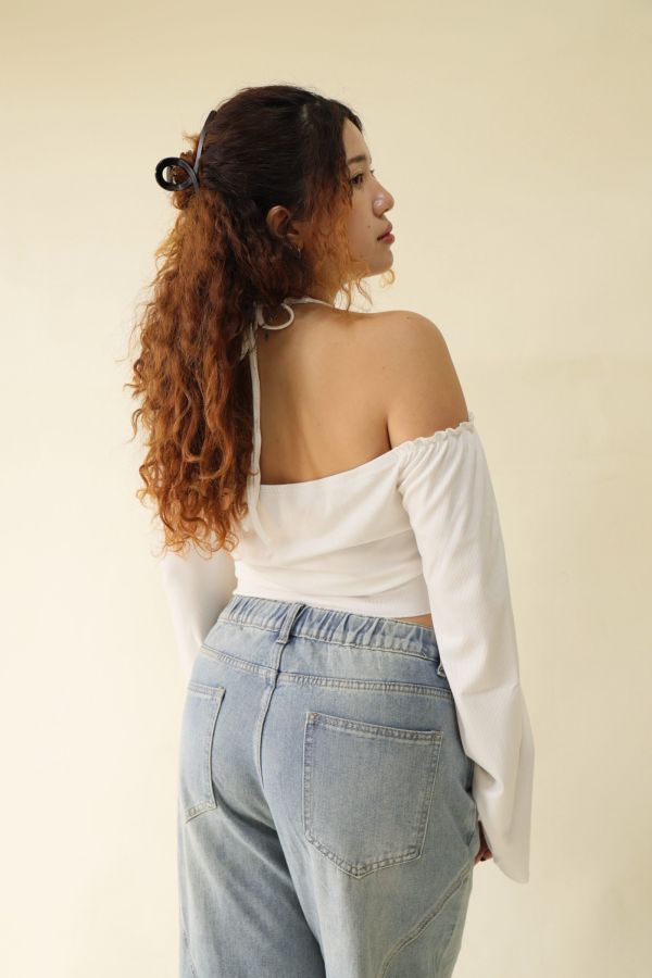 一字領假兩件辣妹上衣 