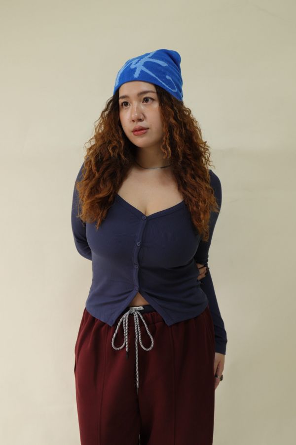 V領羅紋開釦上衣(藍) 