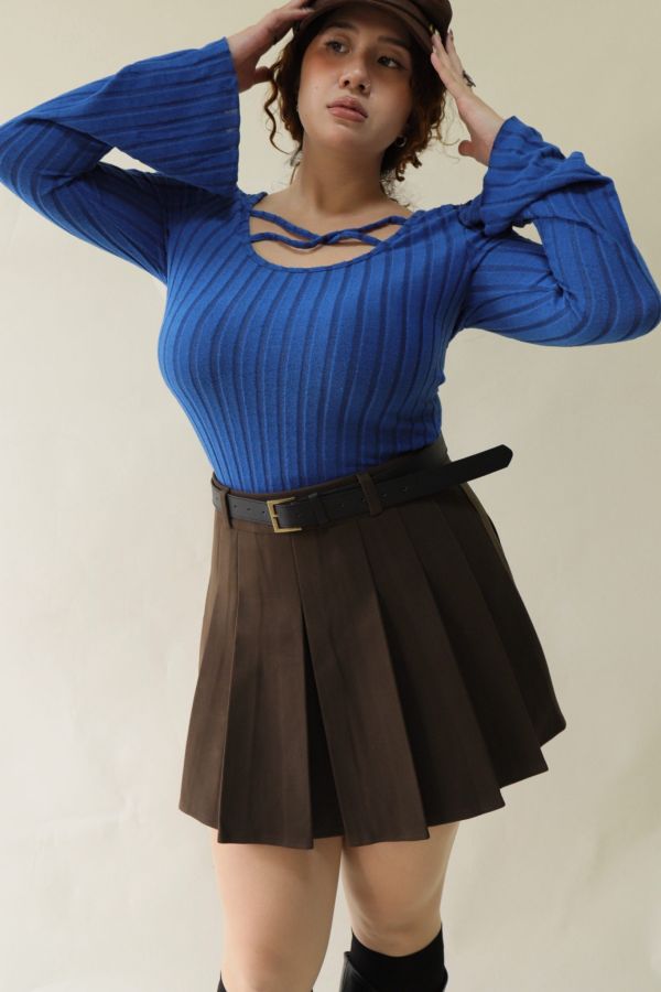 不顯胖毛呢百摺短裙(附皮帶)-咖 