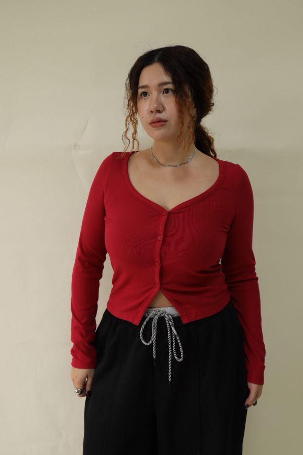 V領羅紋開釦上衣(紅) 