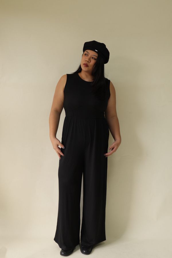 簡約無袖收腰連身褲 