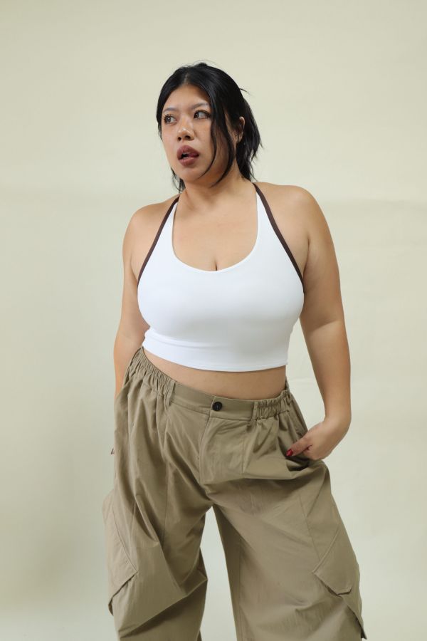 雙色拼接削肩運動內衣-白 