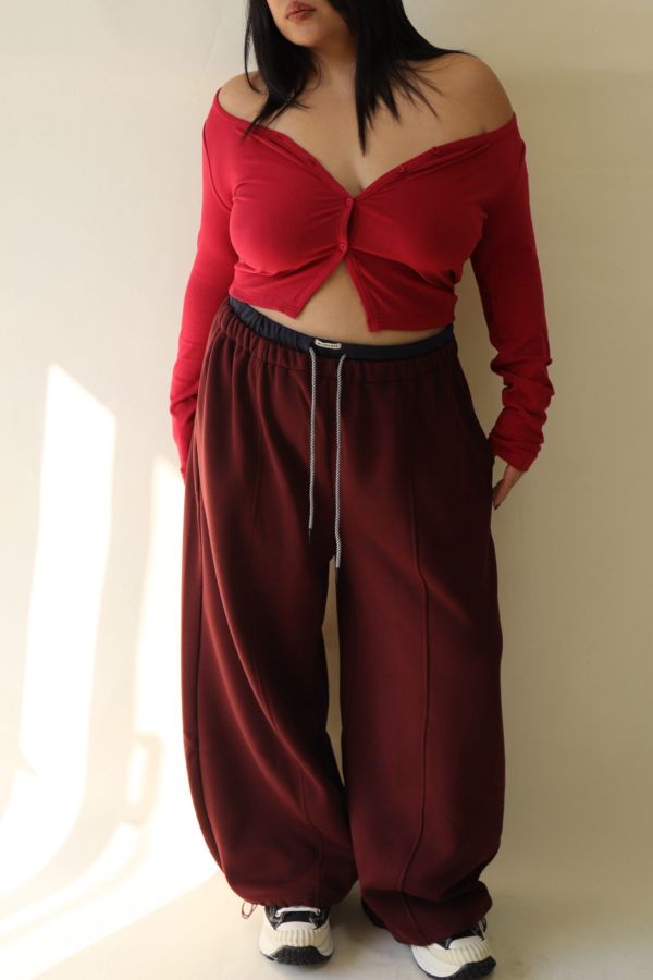 【EASE】設計感雙層抽繩棉褲 (酒紅) 