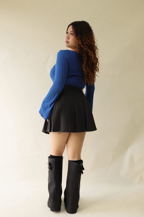 不顯胖毛呢百摺短裙(附皮帶)-灰 