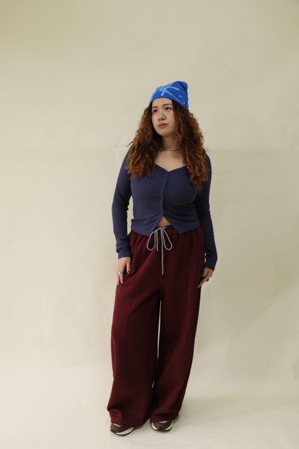 【EASE】設計感雙層抽繩棉褲 (酒紅) 