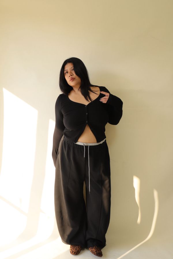 【EASE】設計感雙層抽繩棉褲 (黑) 