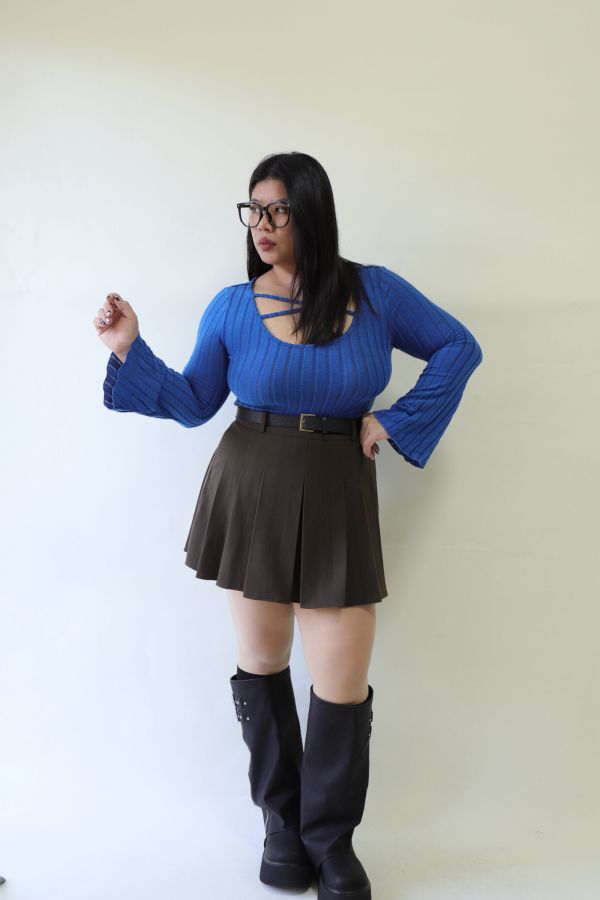 不顯胖毛呢百摺短裙(附皮帶)-咖 