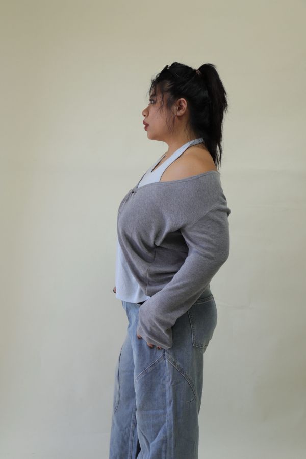 【EASE】掛脖假兩件針織上衣 (灰) 