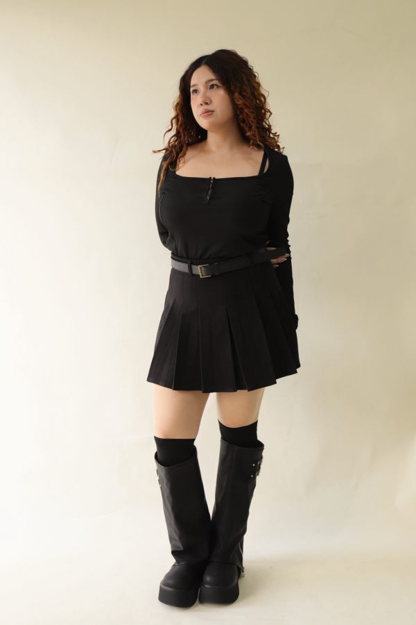 不顯胖毛呢百摺短裙(附皮帶)-黑 