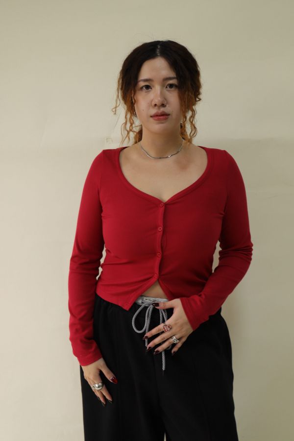 V領羅紋開釦上衣(紅) 