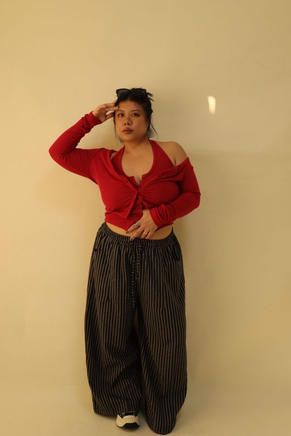 【EASE】藏肉系不鬆垮條紋寬褲(黑) 