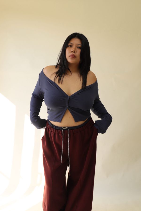 V領羅紋開釦上衣(藍) 