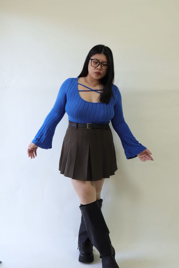 不顯胖毛呢百摺短裙(附皮帶)-咖 