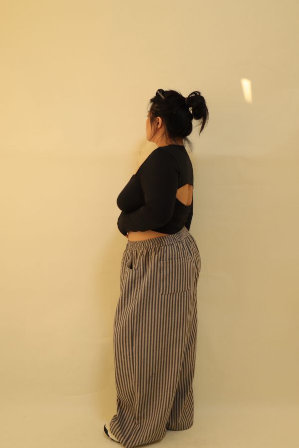 【EASE】藏肉系不鬆垮條紋寬褲(栗子咖) 